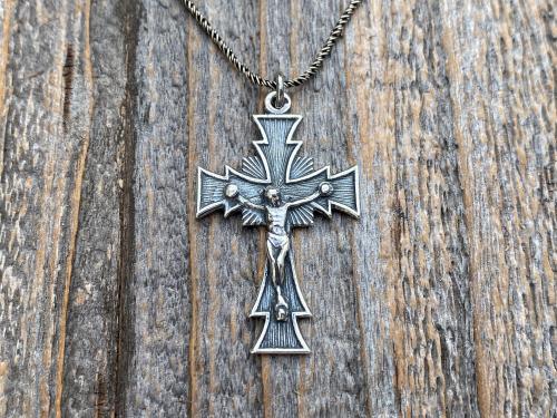 Sterling Silver Radiant Art Deco Crucifix, Antique Replica, Pendant Necklace, Large Sterling Silver Crucifix Pendant, Unisex Crucifix Cross