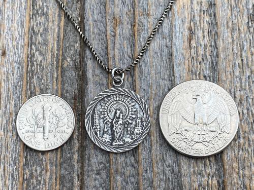 Sterling Silver Our Lady of the Pillar Medal Pendant Necklace, Antique Replica Medallion, Blessed Virgin Mary, Our Lady of the Pilar, Spain