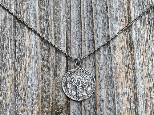 Sterling Silver Our Lady of the Pillar Medal Pendant Necklace, Antique Replica Medallion, Blessed Virgin Mary, Our Lady of the Pilar, Spain