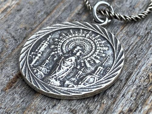 Sterling Silver Our Lady of the Pillar Medal Pendant Necklace, Antique Replica Medallion, Blessed Virgin Mary, Our Lady of the Pilar, Spain