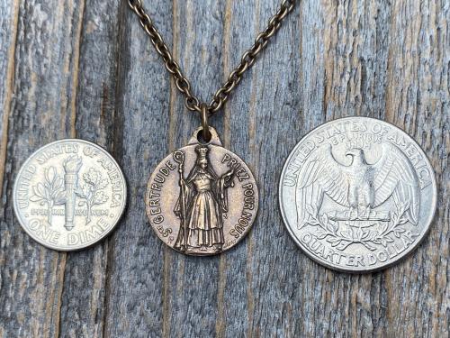 Bronze St Gertrude the Great Medal Pendant Necklace, Signed by French artists Karo & AP Penin, Gertrude Charm, Patron Saint of Cats Felines