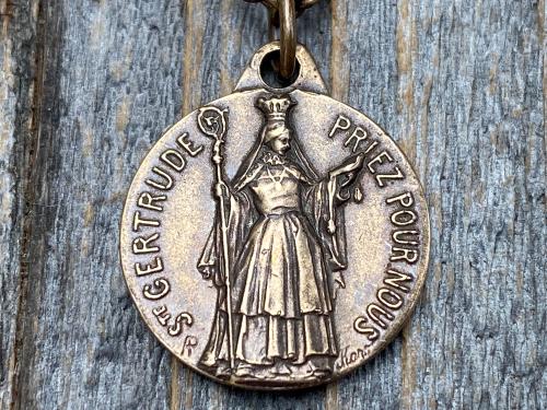 Bronze St Gertrude the Great Medal Pendant Necklace, Signed by French artists Karo & AP Penin, Gertrude Charm, Patron Saint of Cats Felines