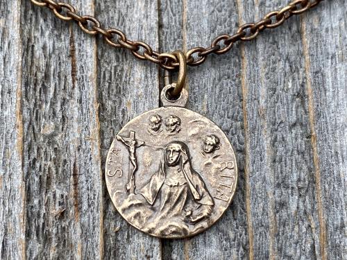 Bronze St Rita of Cascia Medal Pendant Necklace, Antique Replica Saint Rita Medallion Charm from France, Saint of the Impossible Pray for Us