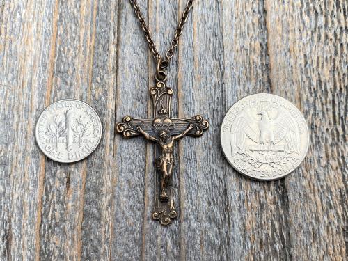 Bronze Sacred Heart of Jesus Crucifix, Pendant Necklace, Antique Replica, Large Bronze Crucifix Cross, Big Sacred Heart Jesus Medal Pendant