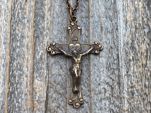 Bronze Sacred Heart of Jesus Crucifix, Pendant Necklace, Antique Replica, Large Bronze Crucifix Cross, Big Sacred Heart Jesus Medal Pendant