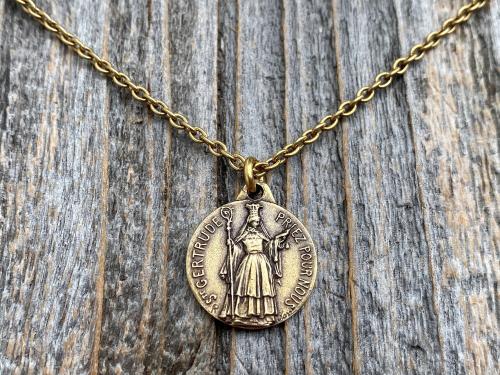 Antique Gold St Gertrude the Great Medal Pendant Charm Necklace, Signed by French artists Karo & AP Penin, Patron Saint of Cats Felines