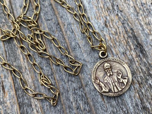 Antique Gold St Charbel Makhlouf Medal Pendant Necklace, Replica of Rare Saint Sharbel Charm, Lebanese Saint, Miraculous Healing Intercessor