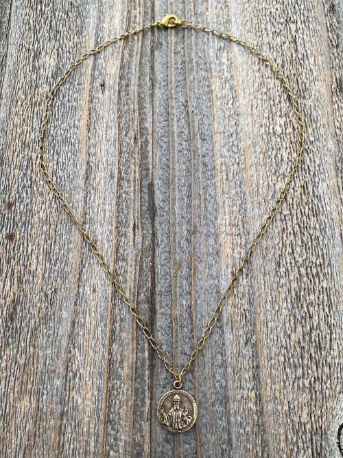 Antique Gold St Charbel Makhlouf Medal Pendant Necklace, Replica of Rare Saint Sharbel Charm, Lebanese Saint, Miraculous Healing Intercessor