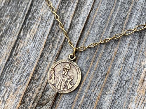 Antique Gold St Charbel Makhlouf Medal Pendant Necklace, Replica of Rare Saint Sharbel Charm, Lebanese Saint, Miraculous Healing Intercessor