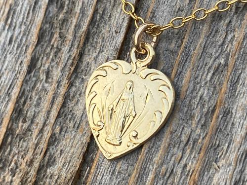 Shiny Gold Dainty Blessed Virgin Mary Heart Pendant Necklace, French 19th Century Antique Replica, Small Our Lady Medallion from France H3