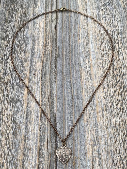 Bronze Small Blessed Virgin Mary Heart Pendant Necklace, French 19th Century Antique Replica, Dainty Our Lady Heart Medallion from France H3