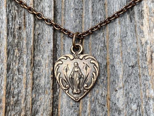 Bronze Small Blessed Virgin Mary Heart Pendant Necklace, French 19th Century Antique Replica, Dainty Our Lady Heart Medallion from France H3