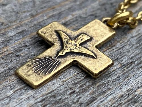 Antique Gold Small Descending Holy Spirit Cross Pendant Necklace, Antique Replica, Descending Dove, Holy Ghost Medal Veni Sancte Spiritus C1