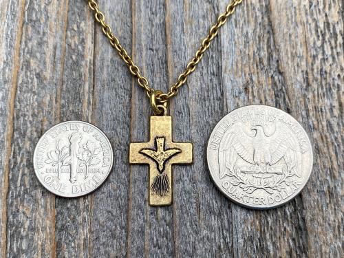 Antique Gold Small Descending Holy Spirit Cross Pendant Necklace, Antique Replica, Descending Dove, Holy Ghost Medal Veni Sancte Spiritus C1