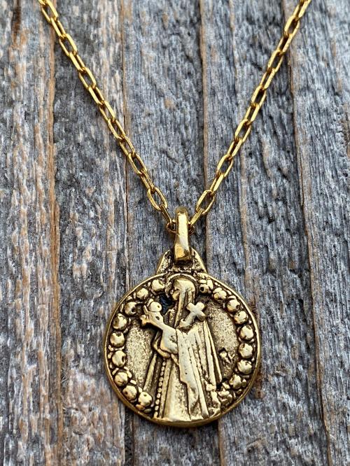 Antique Gold Plated St Thérèse of Lisieux Medal Pendant Necklace, Antique Replica, by artist PY, Small St Theresa of the Child Jesus Charm