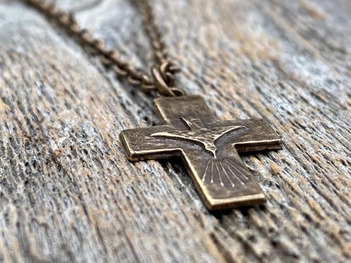 Bronze Small Descending Holy Spirit Cross Pendant Necklace, Antique Replica, Descending Dove, Holy Ghost Medallion, Veni Sancte Spiritus, C1