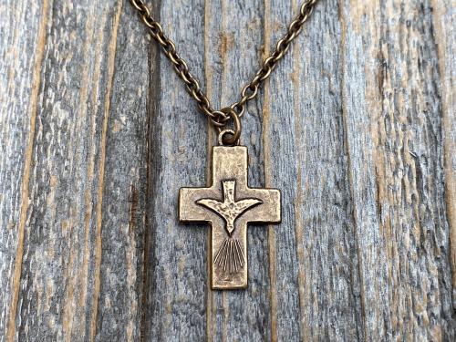 Bronze Small Descending Holy Spirit Cross Pendant Necklace, Antique Replica, Descending Dove, Holy Ghost Medallion, Veni Sancte Spiritus, C1