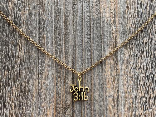 Antique Gold Plated John 3:16 Pendant Necklace, Antique Replica, John 3 16, For God so loved the World that He gave His One and Only Son