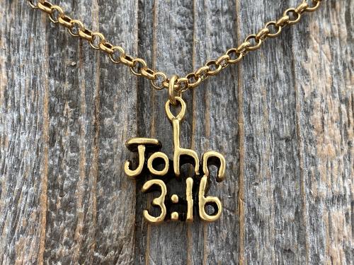 Antique Gold Plated John 3:16 Pendant Necklace, Antique Replica, John 3 16, For God so loved the World that He gave His One and Only Son