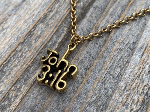 Antique Gold Plated John 3:16 Pendant Necklace, Antique Replica, John 3 16, For God so loved the World that He gave His One and Only Son