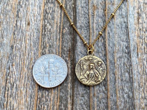 Antique Gold St Rita of Cascia Medal Pendant Necklace, Antique Replica, Saint Rita Medallion Charm from France, Saint of the Impossible