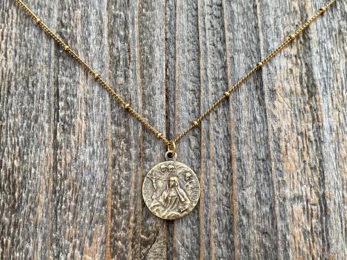 Antique Gold St Rita of Cascia Medal Pendant Necklace, Antique Replica, Saint Rita Medallion Charm from France, Saint of the Impossible