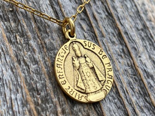 Antique Gold Plated The Infant Jesus of Prague Medal Pendant Necklace, Antique Replica, Signed C Charl, Saint Enfant Jesus De Prague, French