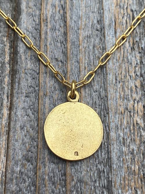 Antique Gold Plated St Gerard Majella Medal Pendant Necklace, French artist Charl, Antique Replica, Saint of Expectant Mothers, of Fertility