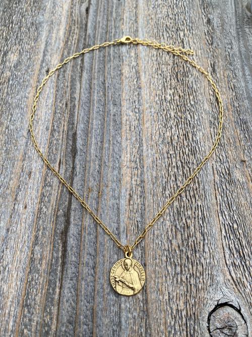 Antique Gold Plated St Gerard Majella Medal Pendant Necklace, French artist Charl, Antique Replica, Saint of Expectant Mothers, of Fertility