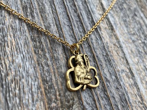 Antique Gold Plated St Patrick Shamrock Pendant Necklace, Antique Replica, Saint Patrick Medal, Irish Catholic Jewelry, St Patrick Medallion