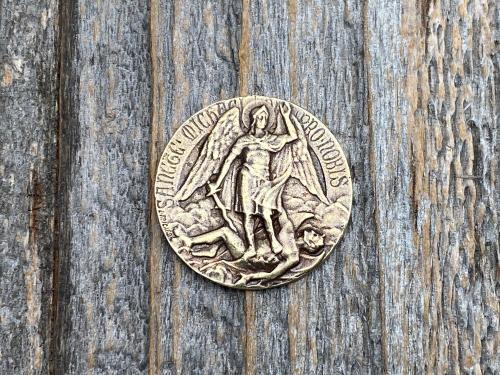 St Michael Medallion Pocket Token, Rare French & Latin Antique Replica, Artist L Tricard, Sterling Silver or Bronze, Archangel Michael Medal