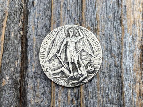 St Michael Medallion Pocket Token, Rare French & Latin Antique Replica, Artist L Tricard, Sterling Silver or Bronze, Archangel Michael Medal