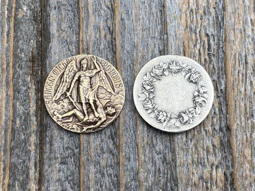 St Michael Medallion Pocket Token, Rare French & Latin Antique Replica, Artist L Tricard, Sterling Silver or Bronze, Archangel Michael Medal