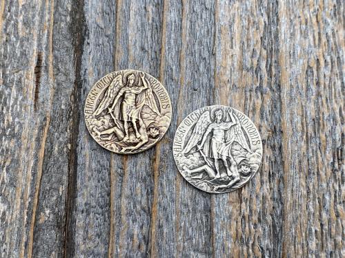 St Michael Medallion Pocket Token, Rare French & Latin Antique Replica, Artist L Tricard, Sterling Silver or Bronze, Archangel Michael Medal