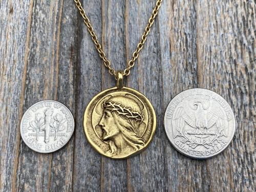 Antique Gold Plated Crowned Jesus Medal Pendant Necklace, Antique Replica, By French Artist Augis & Mazzoni, Rare Christ Pendant from France