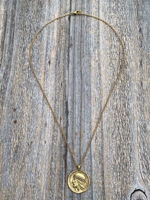 Antique Gold Plated Crowned Jesus Medal Pendant Necklace, Antique Replica, By French Artist Augis & Mazzoni, Rare Christ Pendant from France