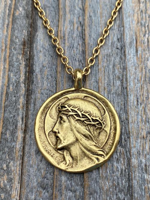 Antique Gold Plated Crowned Jesus Medal Pendant Necklace, Antique Replica, By French Artist Augis & Mazzoni, Rare Christ Pendant from France