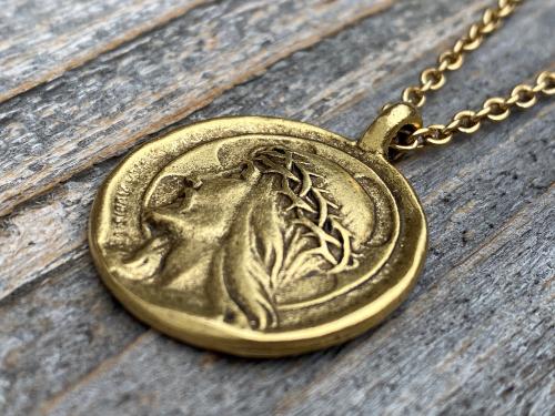 Antique Gold Plated Crowned Jesus Medal Pendant Necklace, Antique Replica, By French Artist Augis & Mazzoni, Rare Christ Pendant from France