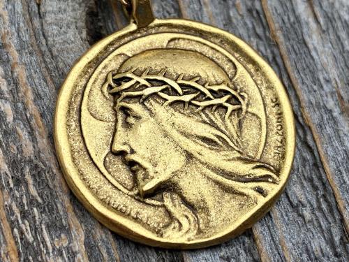 Antique Gold Plated Crowned Jesus Medal Pendant Necklace, Antique Replica, By French Artist Augis & Mazzoni, Rare Christ Pendant from France