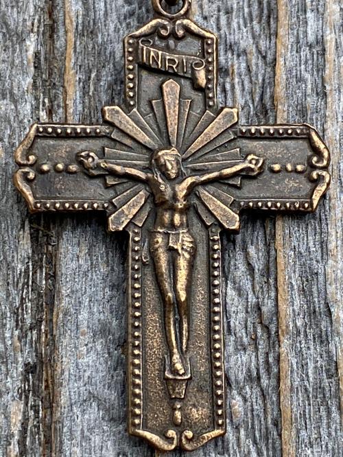 Bronze Radiant Crucifix, Pendant Necklace, Antique Replica, Large Bronze Crucifix Cross, Jesus Medal, Our Lord Jesus Christ Pendant Cross