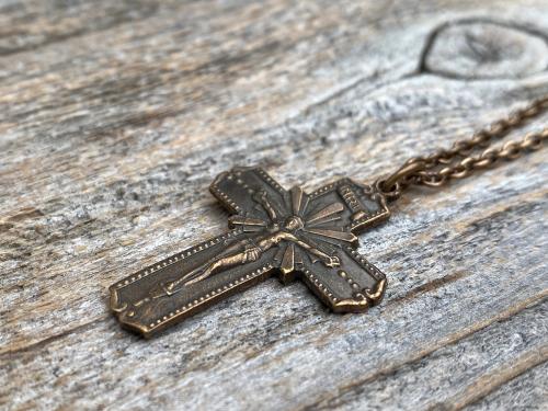 Bronze Radiant Crucifix, Pendant Necklace, Antique Replica, Large Bronze Crucifix Cross, Jesus Medal, Our Lord Jesus Christ Pendant Cross