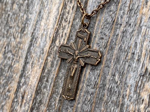 Bronze Radiant Crucifix, Pendant Necklace, Antique Replica, Large Bronze Crucifix Cross, Jesus Medal, Our Lord Jesus Christ Pendant Cross