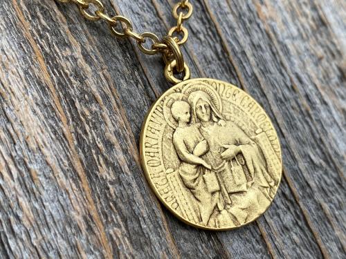 Antique Gold Plated Scapular Pendant Necklace, Antique Replica, Artist Tricard, French Medallion, Sacred Heart of Jesus, Our Lady Mt Carmel