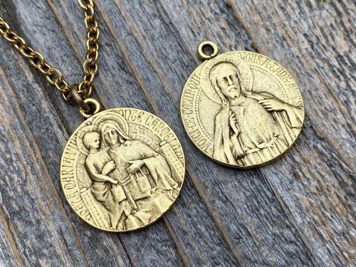 Antique Gold Plated Scapular Pendant Necklace, Antique Replica, Artist Tricard, French Medallion, Sacred Heart of Jesus, Our Lady Mt Carmel