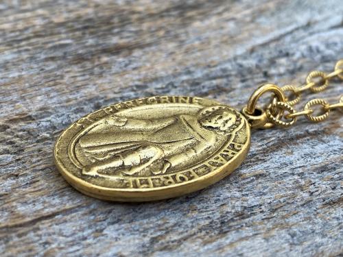 Antique Gold Plated St Peregrine Laziosi Medal Pendant Necklace, Antique Replica, Saint of Cancer, Saint Peregrinus Pellegrino, Pray for Me