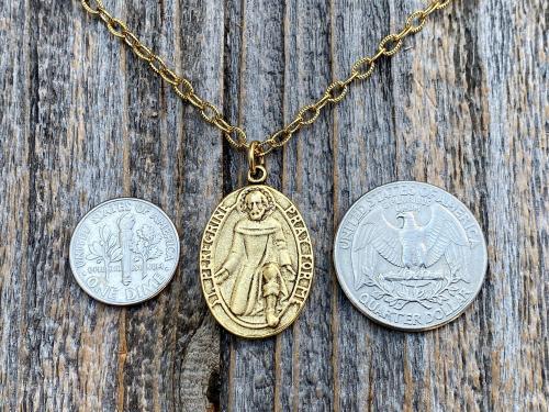 Antique Gold Plated St Peregrine Laziosi Medal Pendant Necklace, Antique Replica, Saint of Cancer, Saint Peregrinus Pellegrino, Pray for Me