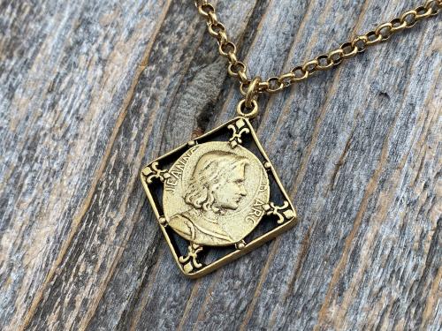 Antique Gold Plated St Joan of Arc Medal Pendant Necklace, Antique Replica of Rare French Medallion, St Jeanne d'Arc Medallion from France