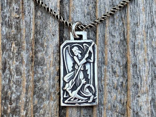 Sterling Silver St Michael & Miraculous Medal Cluster Pendant Necklace, French Antique Replica Medallions, Signed by artist PY, Archangel