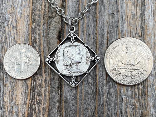 Silver Plated St Joan of Arc Medal Pendant Necklace, Antique Replica of Rare French Medallion, Saint Jeanne d'Arc Medallion from France