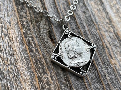 Silver Plated St Joan of Arc Medal Pendant Necklace, Antique Replica of Rare French Medallion, Saint Jeanne d'Arc Medallion from France